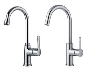 Modern chrome kitchen faucets with sleek design and single handle on a transparent background