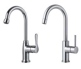 Modern chrome kitchen faucets with sleek design and single handle on a transparent background