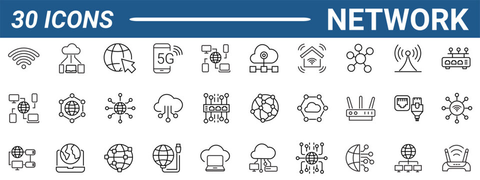 Set of 30 outline icons related to network. Linear icon collection. Editable stroke. Vector illustration. Modern style pictograms and infographics.