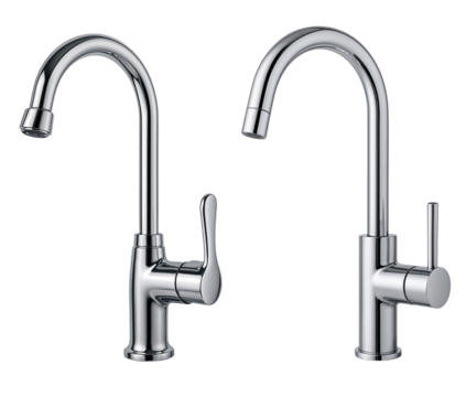 Modern chrome kitchen faucets with sleek design and single handle on a transparent background