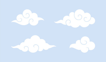 Set of white clouds in Asian style on blue background. Vector illustration