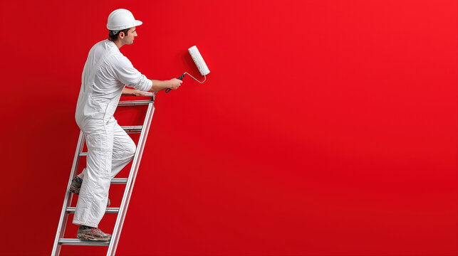 Caucasian male painter on ladder painting red wall with roller