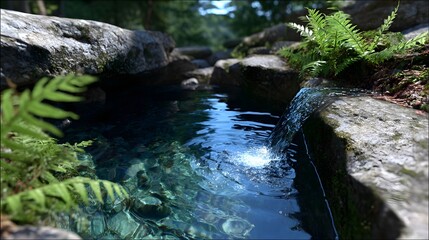 A serene and lush forest setting with a peaceful stream flowing over mossy rocks and surrounded by ferns and other verdant vegetation