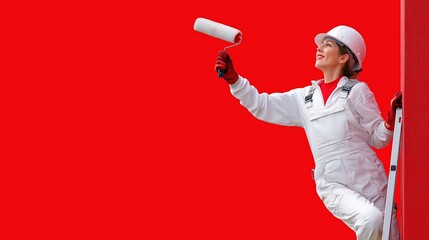 Fototapeta premium Female painter in white overalls painting red wall with roller and ladder