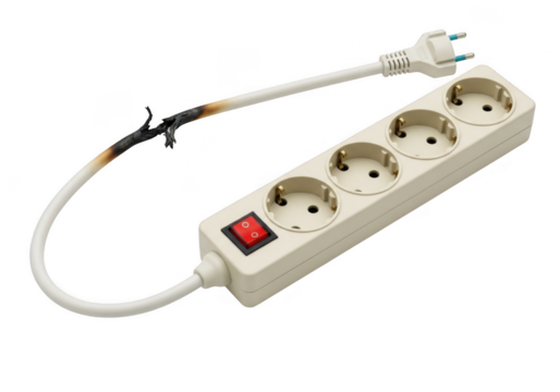 Damaged power extension cord isolated on transparent background