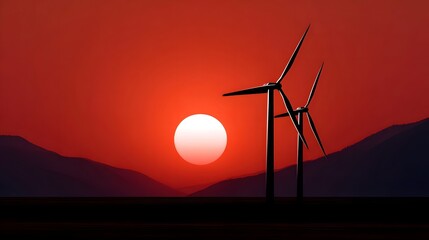 Picturesque sunset view with silhouetted wind turbines standing tall against the vibrant orange sky and distant mountains.