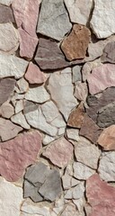 Fototapeta premium Irregularly shaped, multicolored stone tiles form a textured wall; pinks, browns, and whites dominate in varying shades and sizes, creating a mosaic-like effect with visible grout lines
