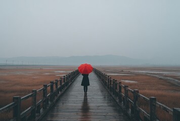 Woman with a bright red umbrella walks alone down a wooden bridge spanning a marsh on a rainy, overcast day. Mountains lie in the distance