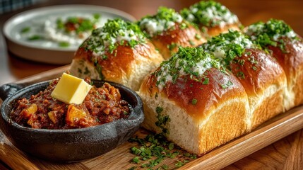 Pav bhaji platter with buttered bread rolls thick vegetable curry topped with fresh coriander and butter cube warm indoor restaurant lighting Indian comfort food concept