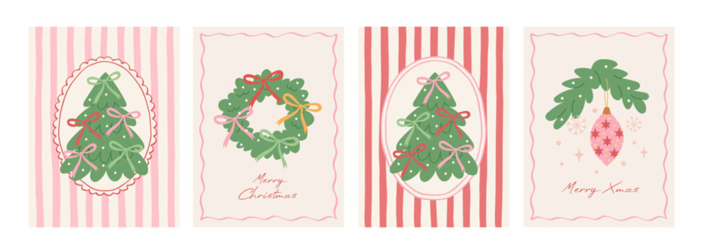 Merry Christmas vintage greeting card set. Xmas elegant design with Christmas tree, pink, red and green bows, Christmas wreath and hand drawn border frames. Vector modern poster, cover or banner.