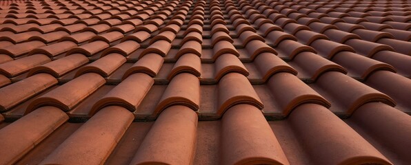 A close-up, diagonal view of a modern roof covered in a uniform pattern of red clay tiles, providing a detailed and clean texture.