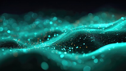 Teal and gold particle waves undulate across a dark background, creating a dreamy, ethereal, and abstract landscape of glowing lights