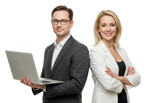 Business professionals with laptop isolated on transparent background