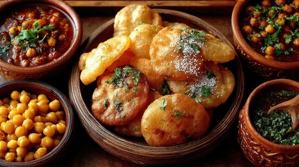 Chole bhature home kitchen setting clay pots chickpea curry freshly fried bhature family meal weekend brunch traditional cuisine vibe