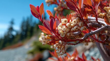 Manzanita bush with smooth red bark and tiny white bell shaped flowers growing on rocky hillside clear blue sky warm afternoon sunlight