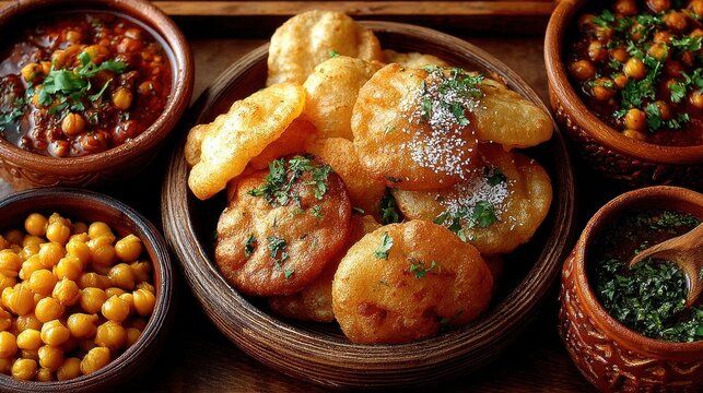 Chole bhature home kitchen setting clay pots chickpea curry freshly fried bhature family meal weekend brunch traditional cuisine vibe - Powered by Adobe