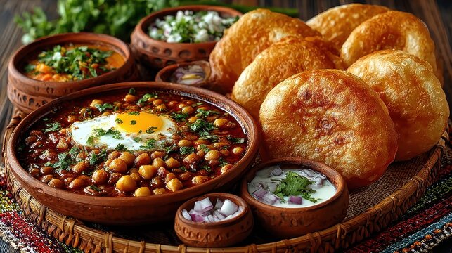 Chole bhature home kitchen setting clay pots chickpea curry freshly fried bhature family meal weekend brunch traditional cuisine vibe