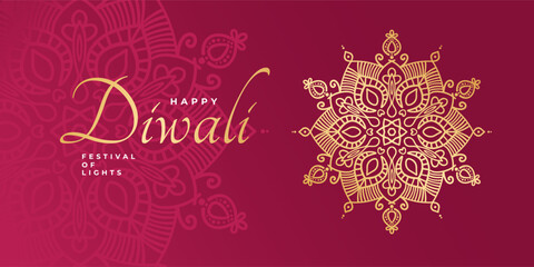 Happy Diwali banner with gold mandala. Indian festival of lights. Holiday background for branding greeting card, banner, cover, flyer or poster