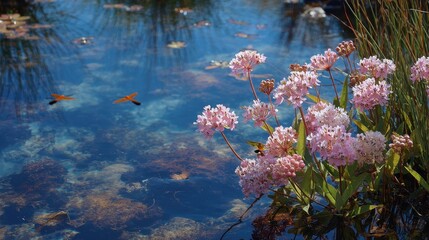 Swamp milkweed growing along wetland edge tall pink flower clusters dragonflies hovering above shallow water bright midday sunlight