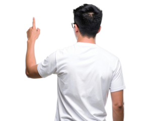 Young man with glasses pointing backwards, isolated on a transparent background, PNG