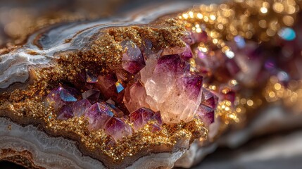 Quartz geodes cracked open sparkling crystal interiors macro close up sunlight enhancing intricate details geological study concept