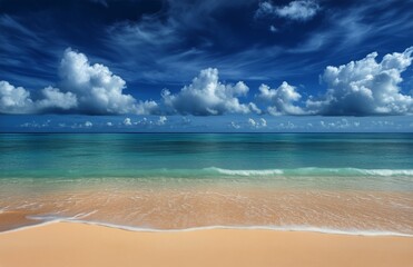 Obraz premium Beautiful Sandy Beach With Turquoise Water and Clouds on a Sunny Day