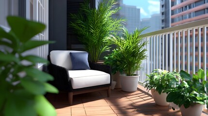 Obraz premium A peaceful urban oasis with a comfortable chair, surrounded by vibrant plants and foliage, and offering a serene view of the cityscape