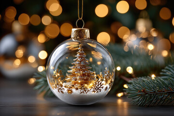Delicate glass ornament holding golden Christmas tree, shimmering snowflakes nestled on snowy surface with soft, blurred holiday lights blending into dreamy background