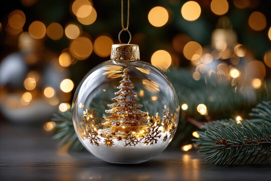Delicate glass ornament holding golden Christmas tree, shimmering snowflakes nestled on snowy surface with soft, blurred holiday lights blending into dreamy background