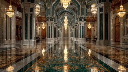 Naklejka premium Grand mosque interior with crystal chandeliers patterned marble floors towering columns afternoon prayers spiritual sacred setting