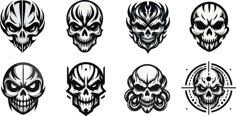 Set of demon skull logo illustrations in dark gothic style.
