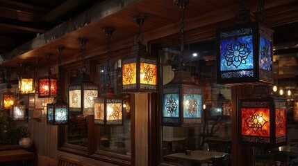 Decorative Islamic lanterns hanging from ceiling glowing softly dark wooden panels colorful stained glass reflecting patterns evening setting
