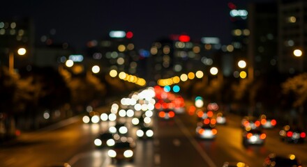 Blurred city night scene captures the vibrant lights of traffic and buildings