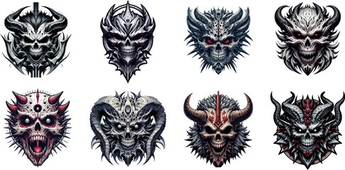 Collection of horror skull illustrations with demonic features.