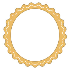 A stylized, minimalist circular frame with a thick, pastel orange outer border that has a wavy, scalloped edge. Inside, a thin, wavy white line runs parallel to the outer edge
