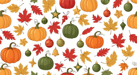 Seamless Pattern of Autumn Harvest Decorations and Fall Leaves