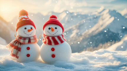 Fototapeta premium Cheerful snowmen wearing festive accessories posing together near snow-covered mountains, capturing winter holiday spirit with whimsical seasonal charm