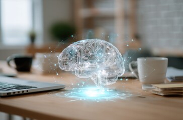 An ethereal, translucent brain hologram floats above a desk near a laptop and coffee mug, with faint, glowing lines connecting it to other points