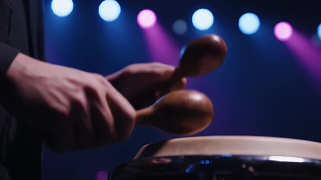 Close-up of Hands Playing Maracas Over a Drum in Slow Motion with Stage Lights