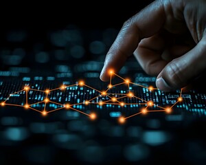 A human hand interacts with a glowing digital network symbolizing data connectivity and strategic planning