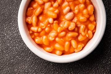 Beans tomato sauce vegetables dish natural product tasty snack fresh delicious gourmet food background on the table rustic top view copy space keto and paleo diet vegan and vegan food