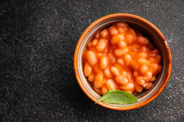 Beans tomato sauce vegetables dish natural product tasty snack fresh delicious gourmet food background on the table rustic top view copy space keto and paleo diet vegan and vegan food