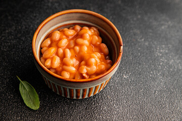 Beans tomato sauce vegetables dish natural product tasty snack fresh delicious gourmet food background on the table rustic top view copy space keto and paleo diet vegan and vegan food