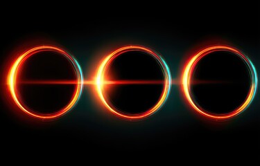 Three luminous, concentric circles, orange and teal, glow against a black background, intersected by a horizontal red light streak