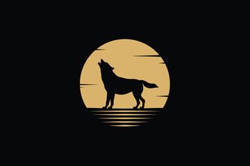 Wolf Logo with Moon Silhouette in Nature Scene
