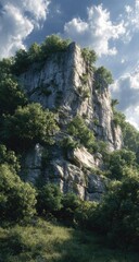 Steep rocky cliff face, lush greenery, sunny day