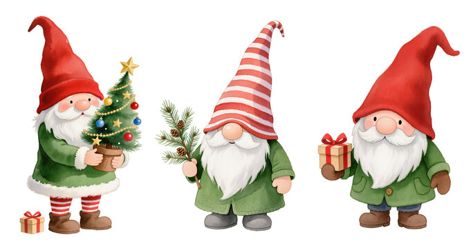 Christmas watercolor set of gnomes with red hat holding decorated tree, isolated festive holiday characters on transparent background
