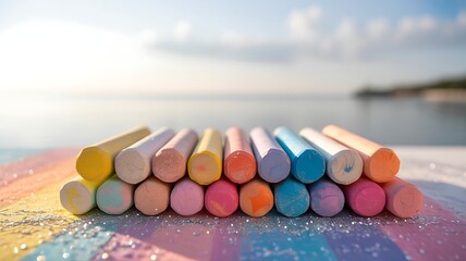 Colorful chalk pieces arranged in a creative artistic display in front of a blurred landscape of the sea and sky, showcasing vibrant art supplies.