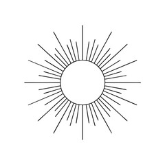Minimalist black line art sun symbol with thin radiating sunbeams.