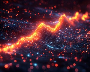 Abstract digital particles form a glowing wave suggesting data flow financial trends and technological progress against a dark background
